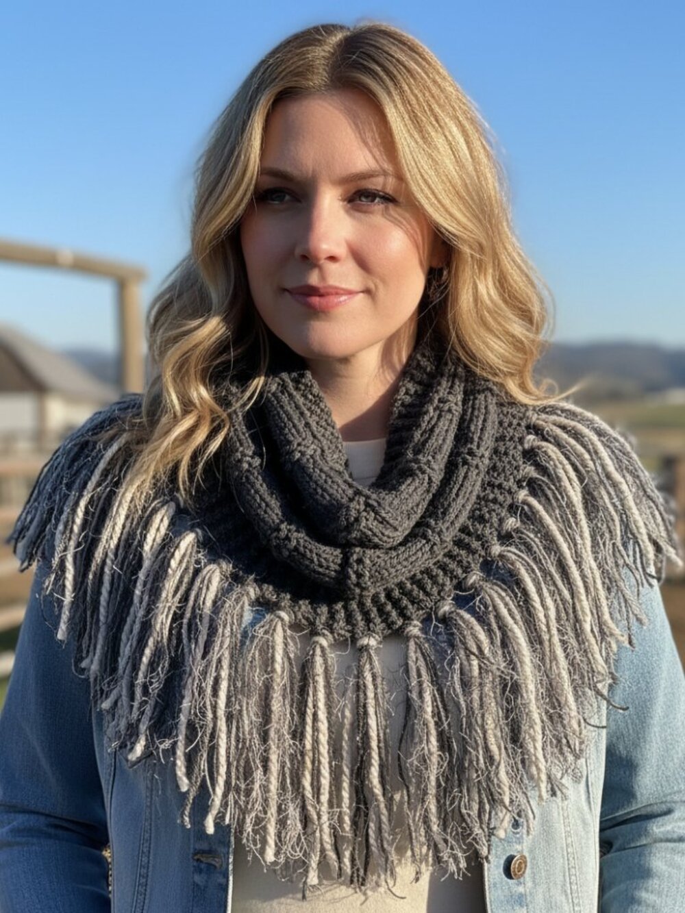 NEW Hand Knitted Charcoal Gray Boho Cowl Scarf Fringe Knit Hippie Cottage Indie